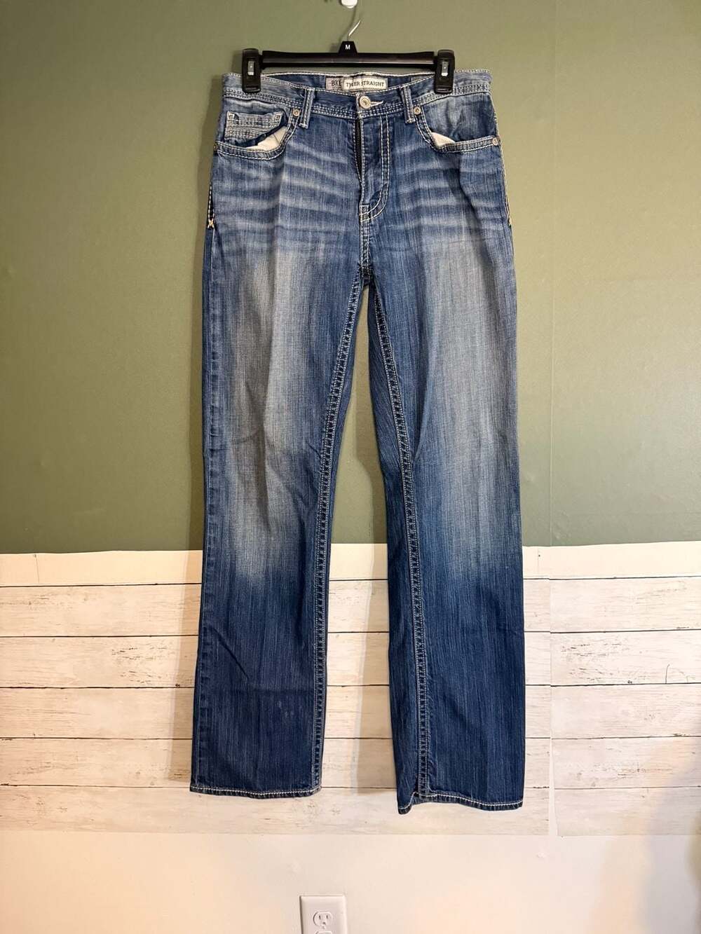 BKE Tyler Straight Jeans Mens 30L Medium Wash Blue Denim Contrast Stitching